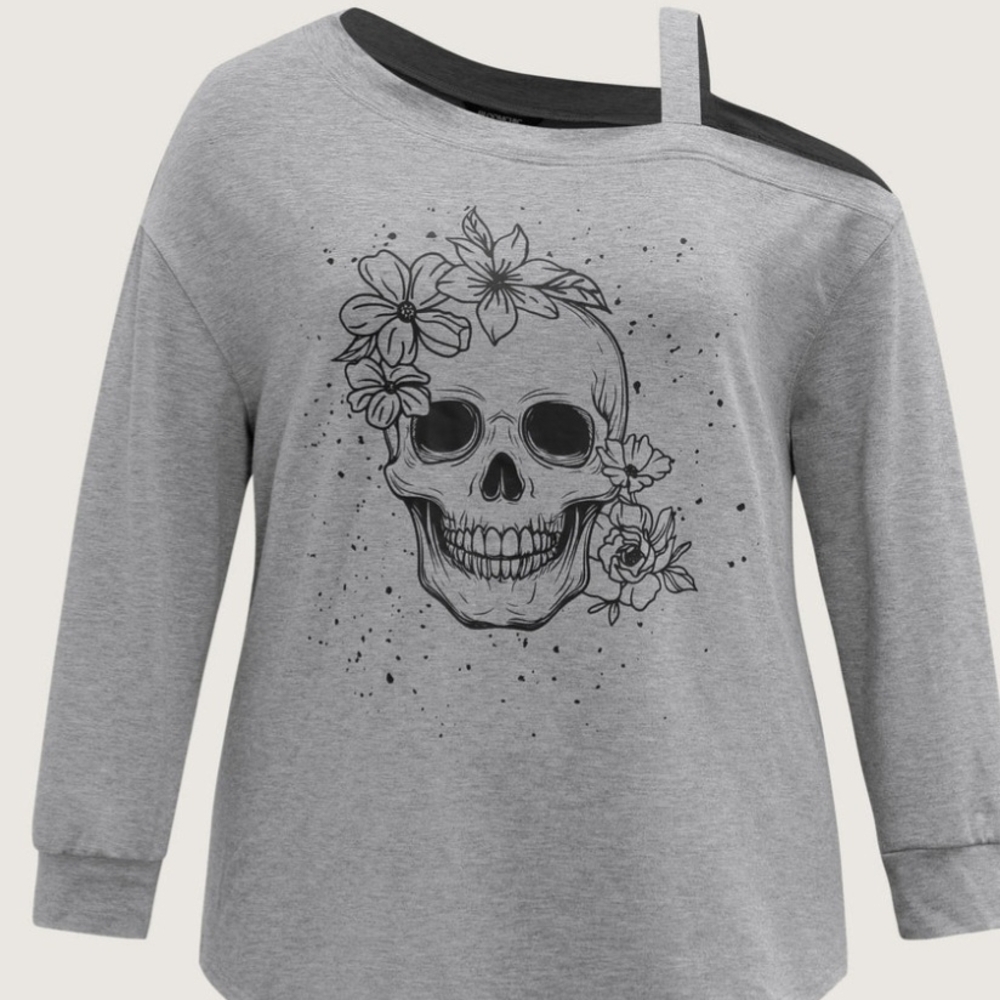 Bloomchic Cold Shoulder Gray Skull Graphic Women's Sweatshirt